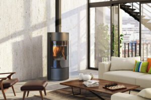 poêle bois modèle lona acier noir avec porte sérigraphie de la marque Fonte Flamme