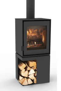poêle bois Modivar de la marque DIK GEURTS sur bûcher droit