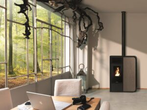 Poêle à granulés IDEA frontale idro gris tourterelle de la marque JM poêle